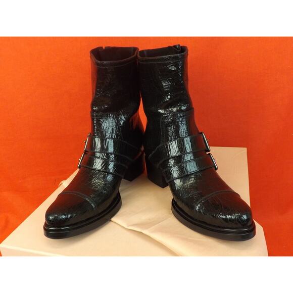 NEW MIU MIU PRADA BLACK CRACKED LEATHER MOTO BIKER 2X BELTED SHORT BOOTS 37 $895 - Picture 8 of 12